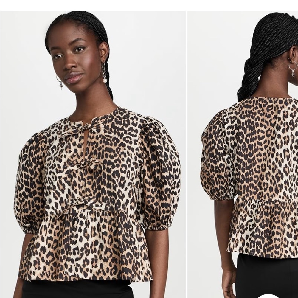 GANNI Leopard cotton poplin peplum blouse 40
